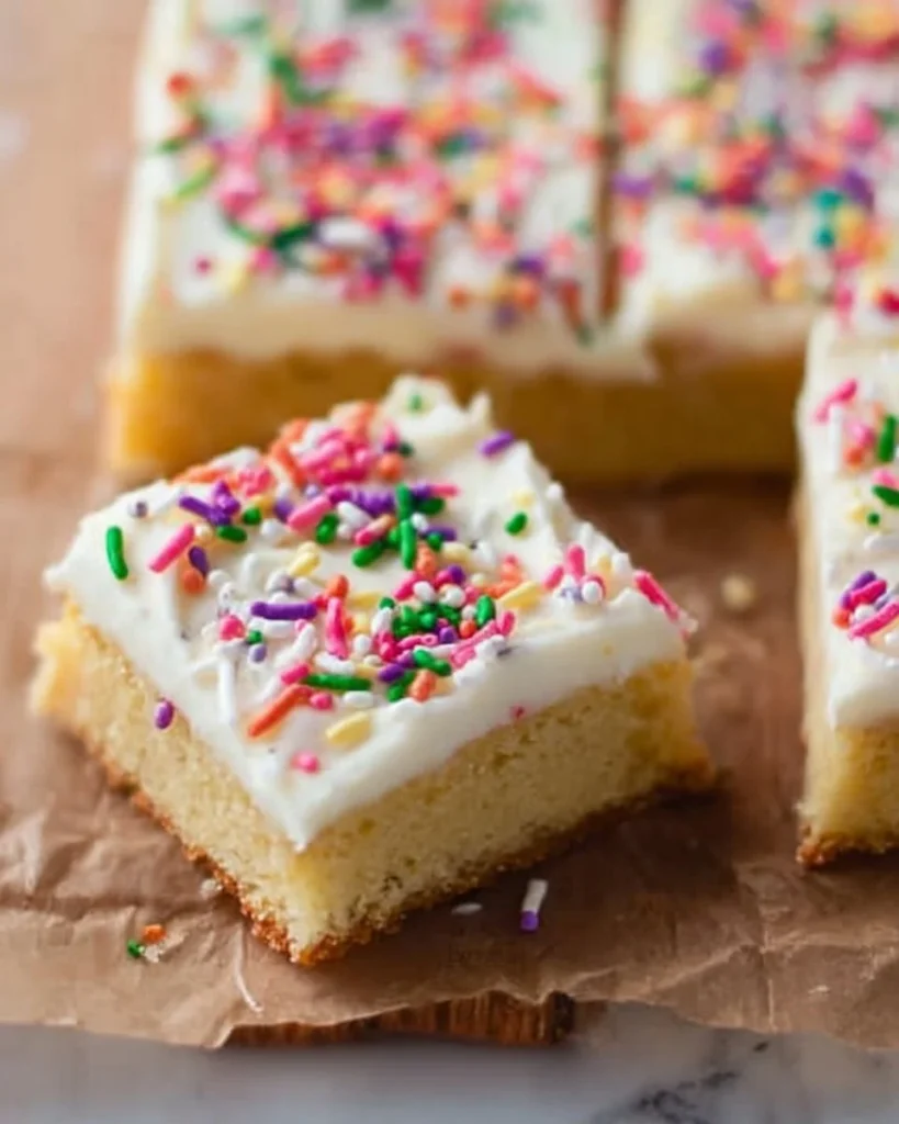 Delicious homemade Sugar Cookie Bars topped with colorful frosting.