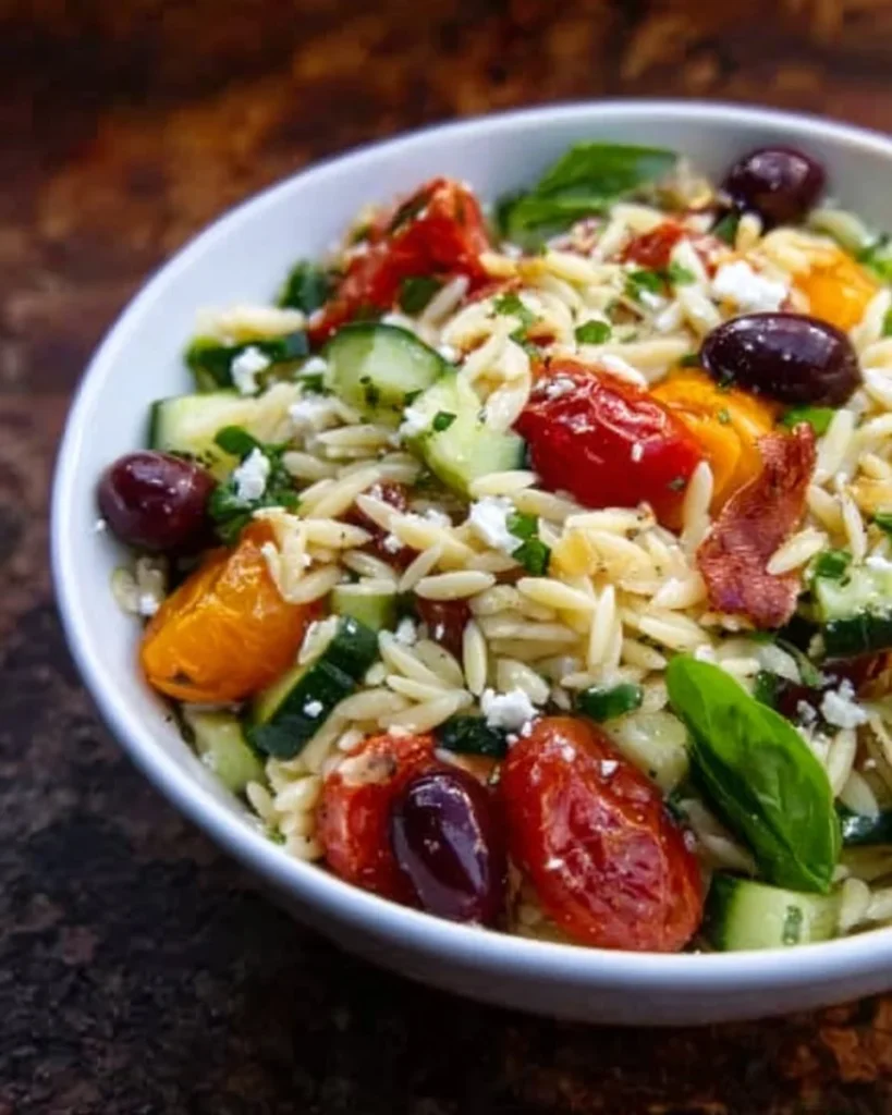 Colorful bowl of Summer Orzo Salad with fresh vegetables and herbs