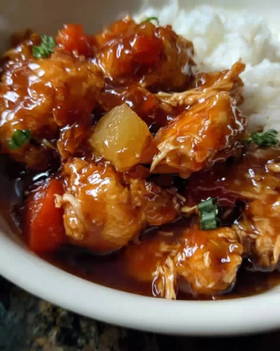 Sweet Hawaiian Crockpot Chicken served on a plate with pineapple and rice