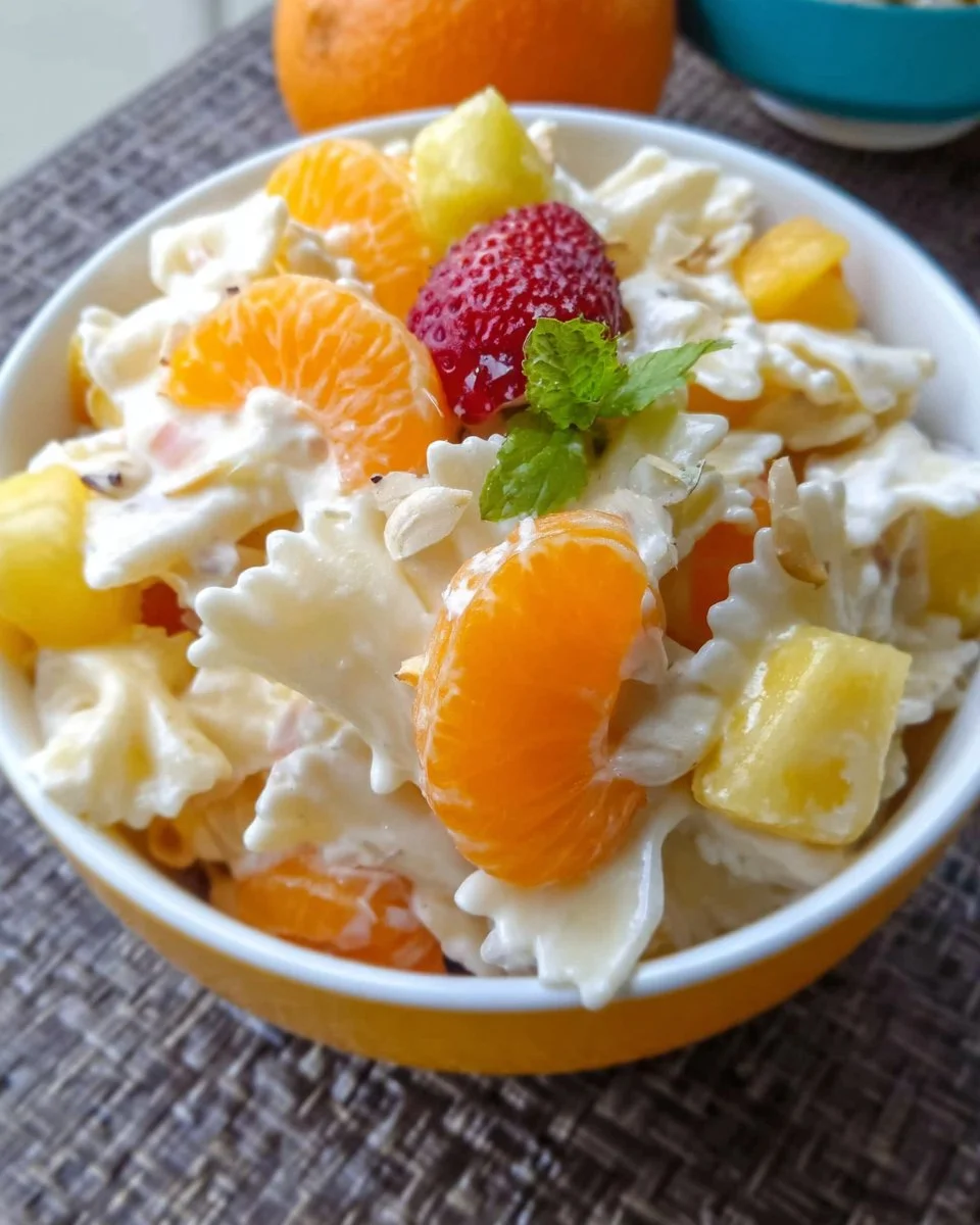 Colorful Sweet Pasta Fruit Salad with fresh fruits and pasta served in a bowl