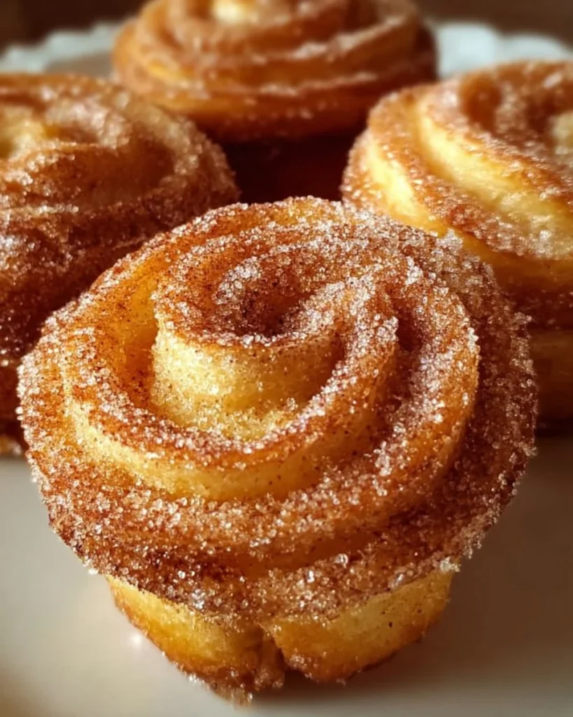 Delicious churro cruffins dusted with cinnamon sugar on a plate.