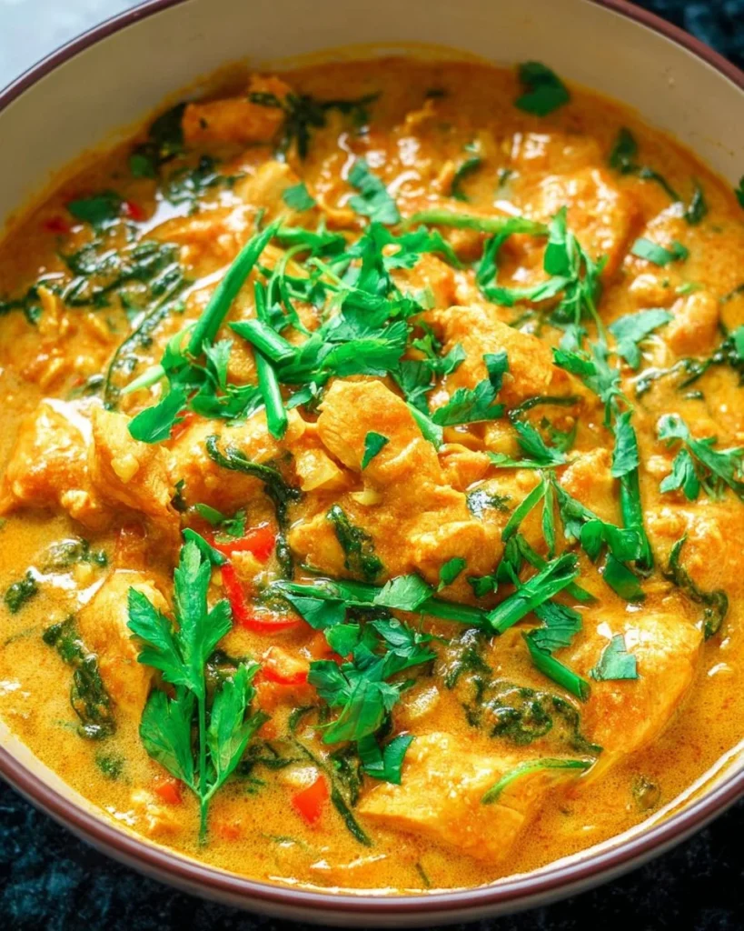A delicious bowl of Thai chicken coconut curry with vibrant colors and fresh ingredients.