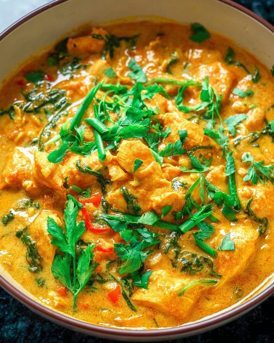A delicious bowl of Thai chicken coconut curry with vibrant colors and fresh ingredients.