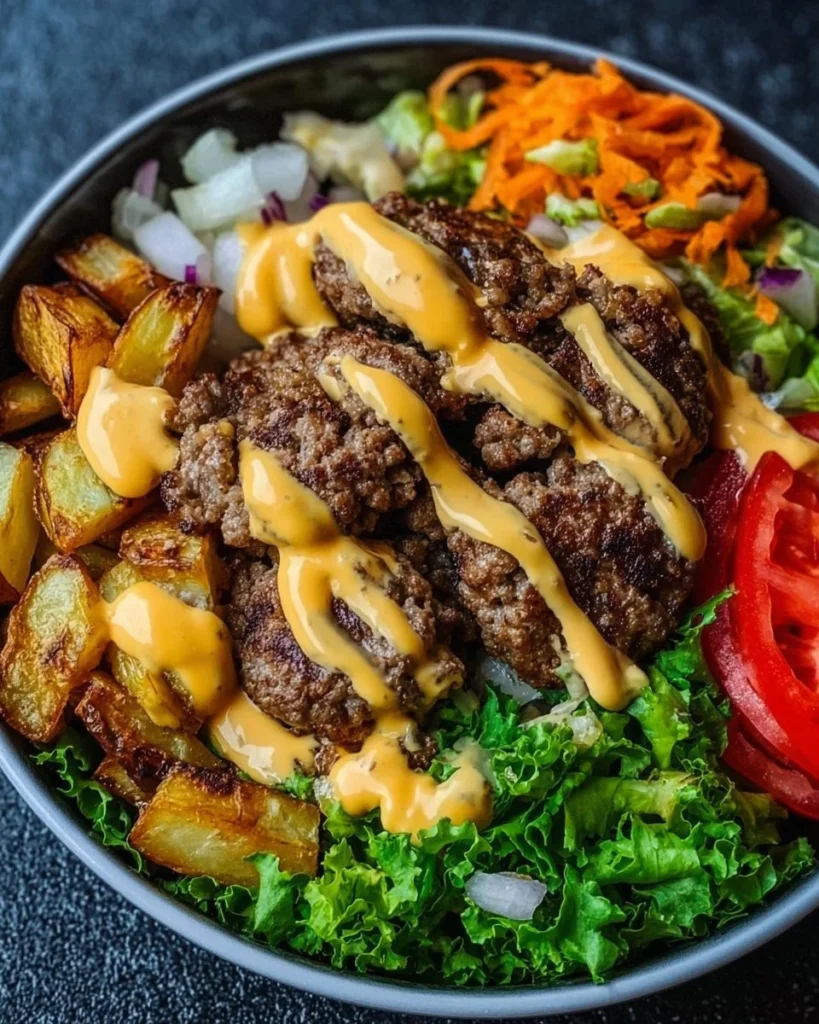 Delicious Smash Burger Bowl topped with fresh ingredients and flavors