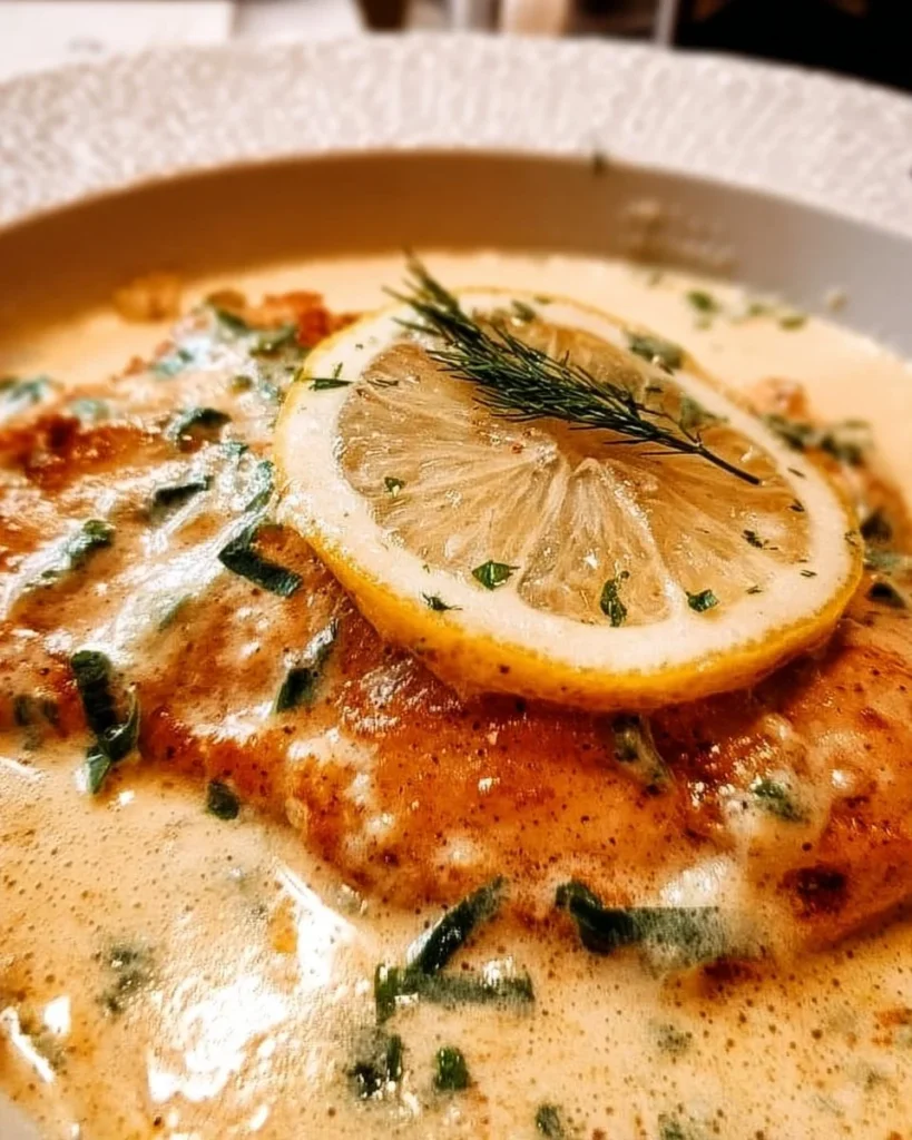Tilapia fillet served with a creamy lemon sauce on a plate