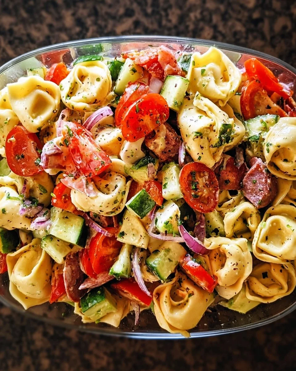 Colorful tortellini pasta salad with Italian dressing and fresh vegetables