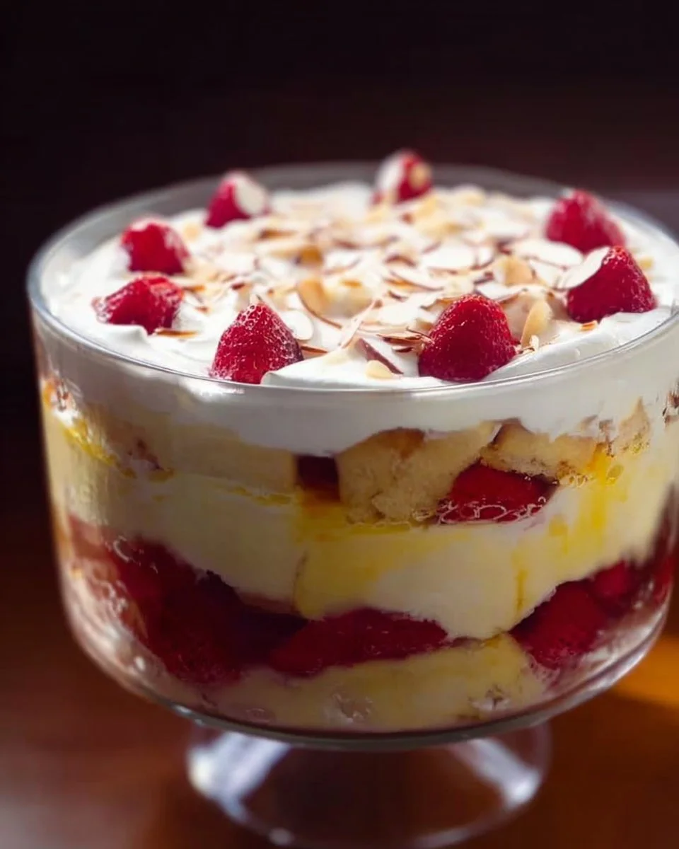 Delicious traditional English Trifle with layers of sponge, custard, and fruit.