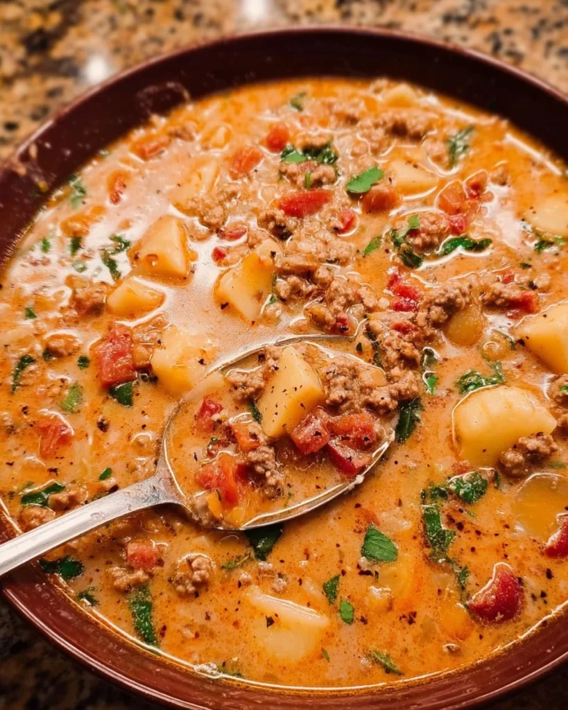 Delicious bowl of Tuscan Chicken Sausage Soup garnished with fresh herbs.