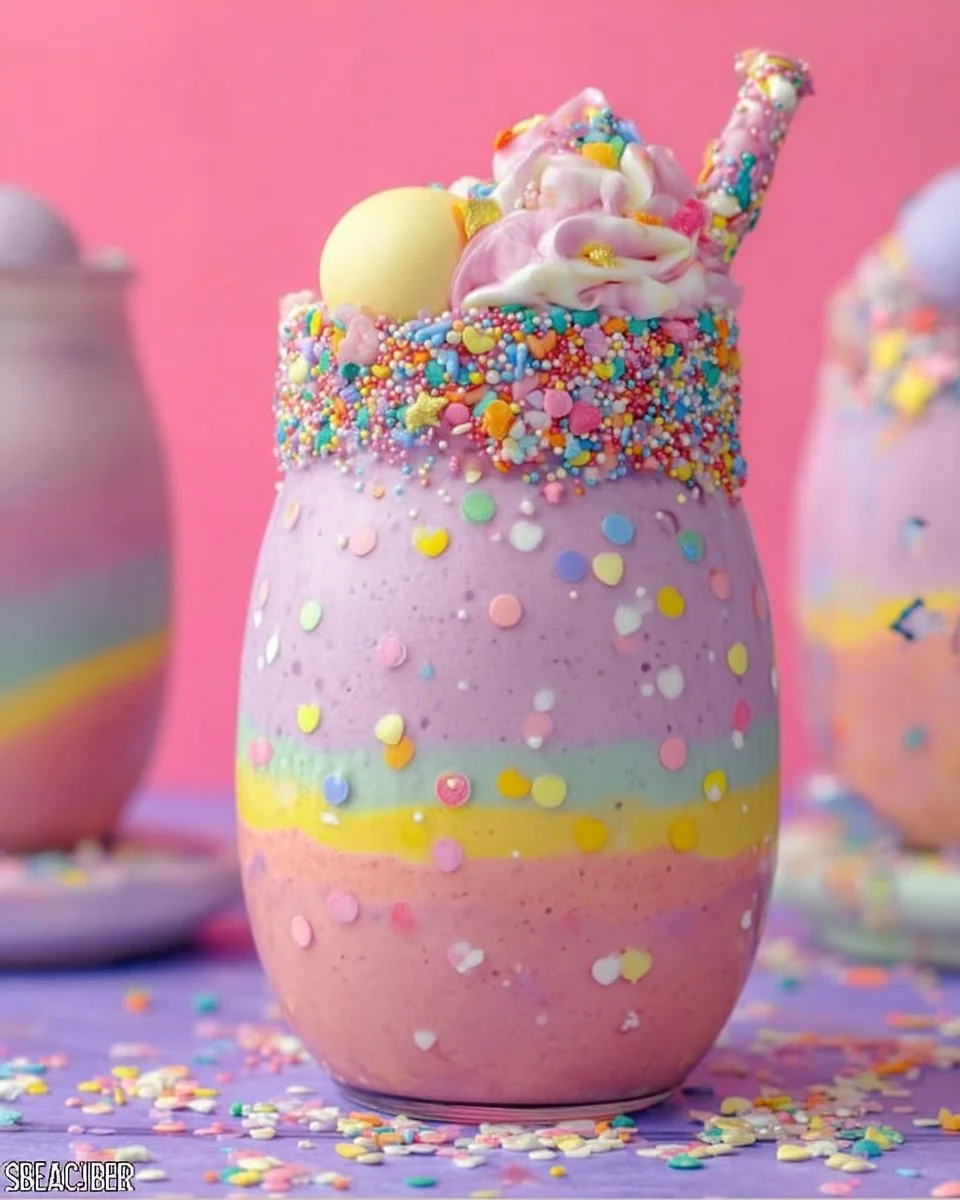 Colorful Unicorn Milkshake topped with sprinkles and whipped cream