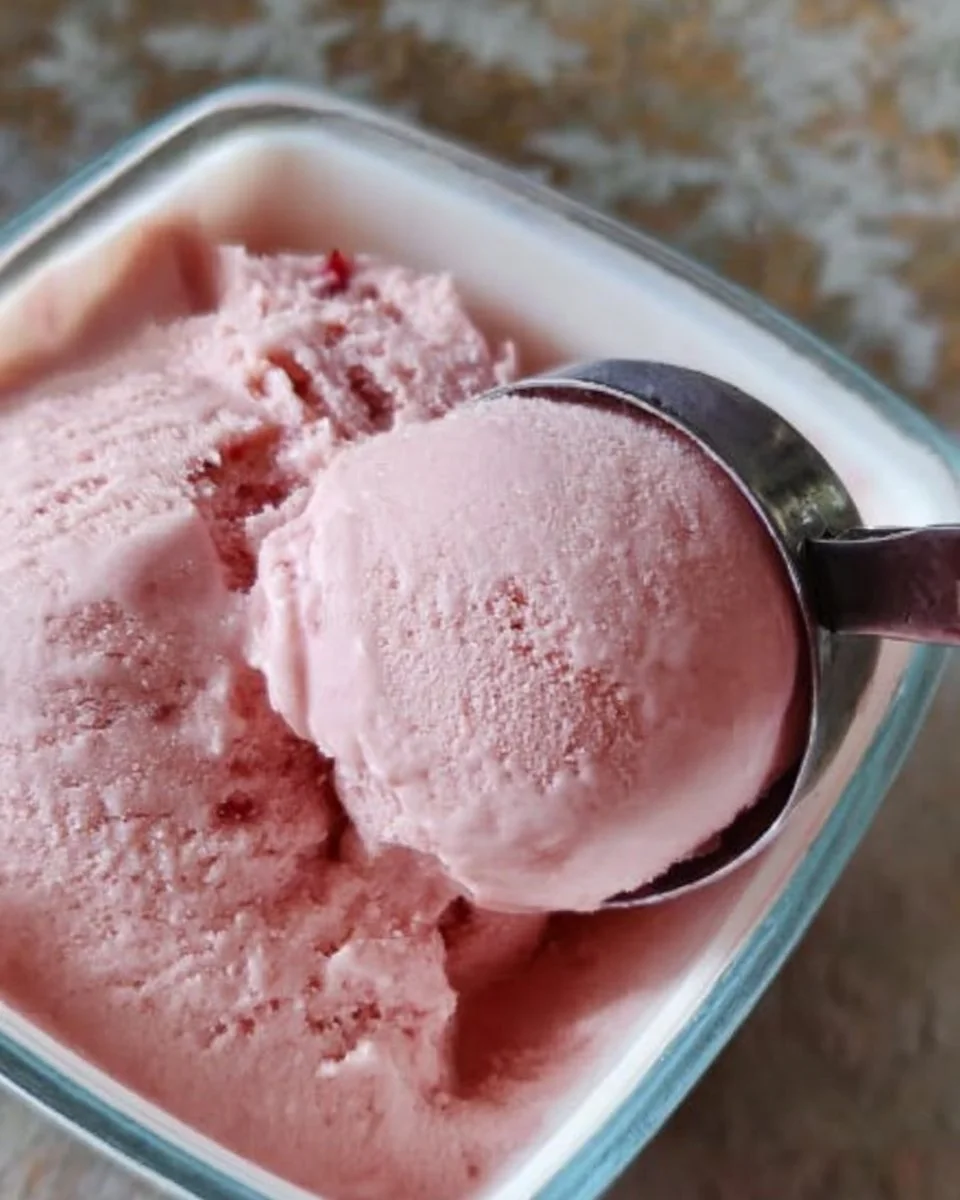 Delicious bowl of vegan strawberry ice cream topped with fresh strawberries