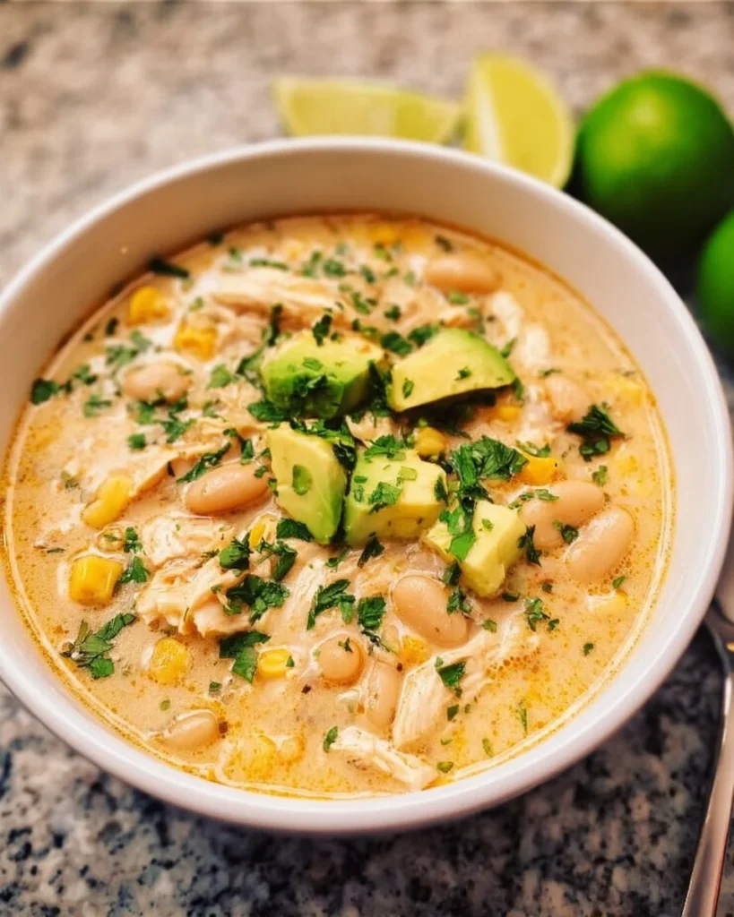 Bowl of hearty White Chicken Chili topped with cilantro and avocado
