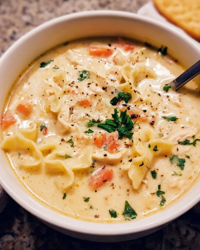 Delicious White Chicken Lasagna Soup served in a bowl with ingredients