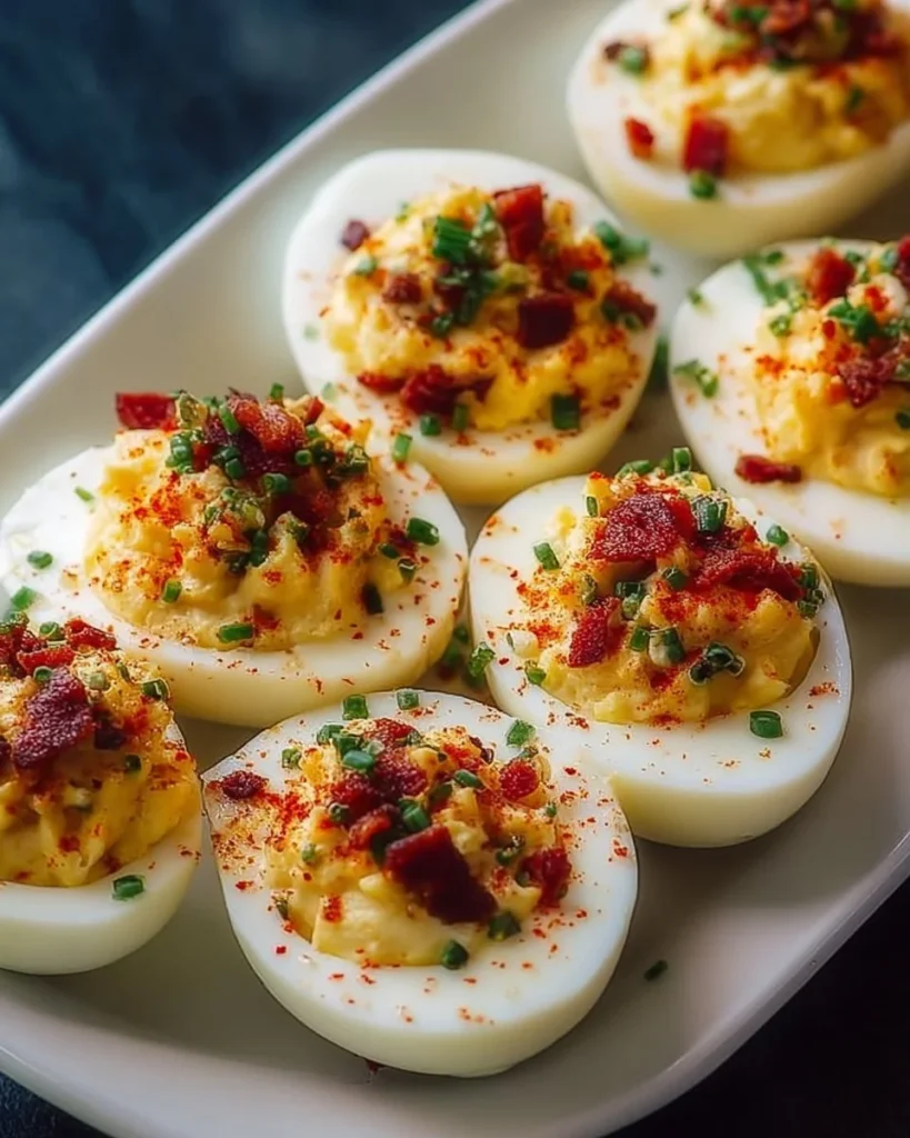 Delicious million dollar stuffed eggs garnished on a platter