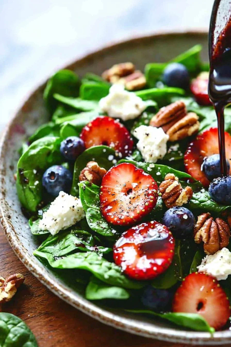 A vibrant 30-minute strawberry spinach salad with fresh strawberries and spinach leaves