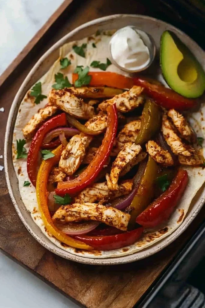 Deliciously cooked Air Fryer Chicken Fajitas served with fresh toppings.