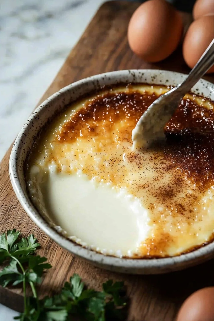 Creamy Amish baked custard dessert topped with nutmeg in a ceramic dish
