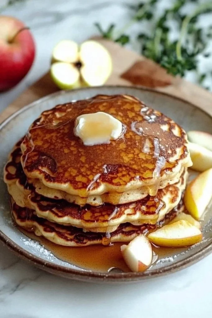 Delicious stack of apple cinnamon pancakes topped with syrup and apples.