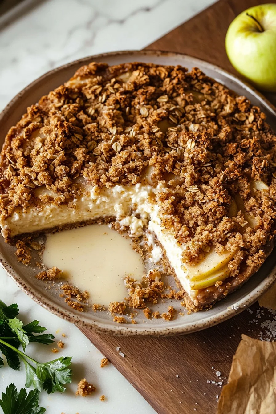 Delicious apple crumble cheesecake with a crunchy topping