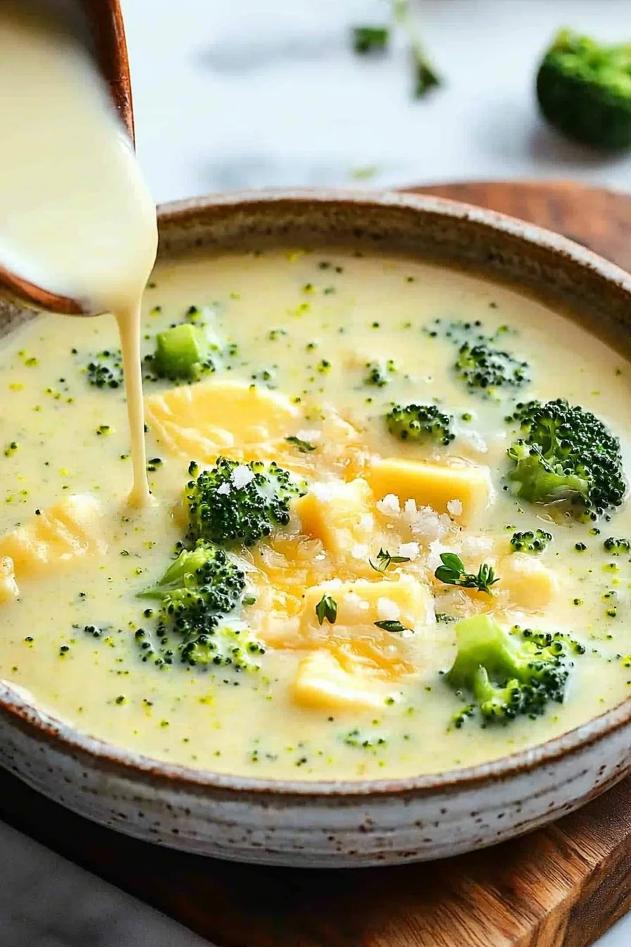 Bowl of Asiago Broccoli Cheese Soup garnished with fresh broccoli and cheese.