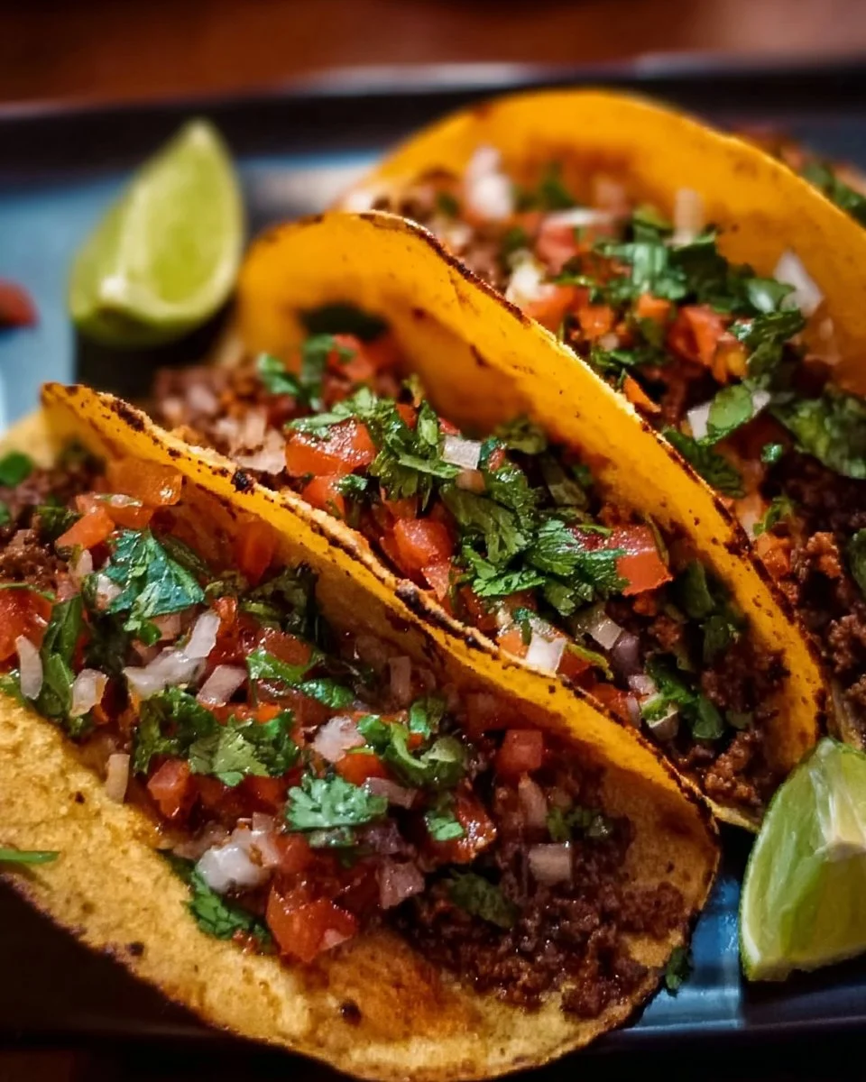 Plate of authentic spiced beef tacos garnished with fresh ingredients