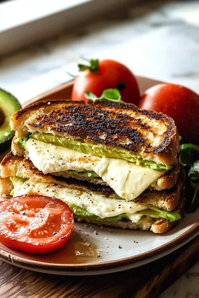 Avocado, mozzarella, and tomato grilled cheese sandwich served on a plate.