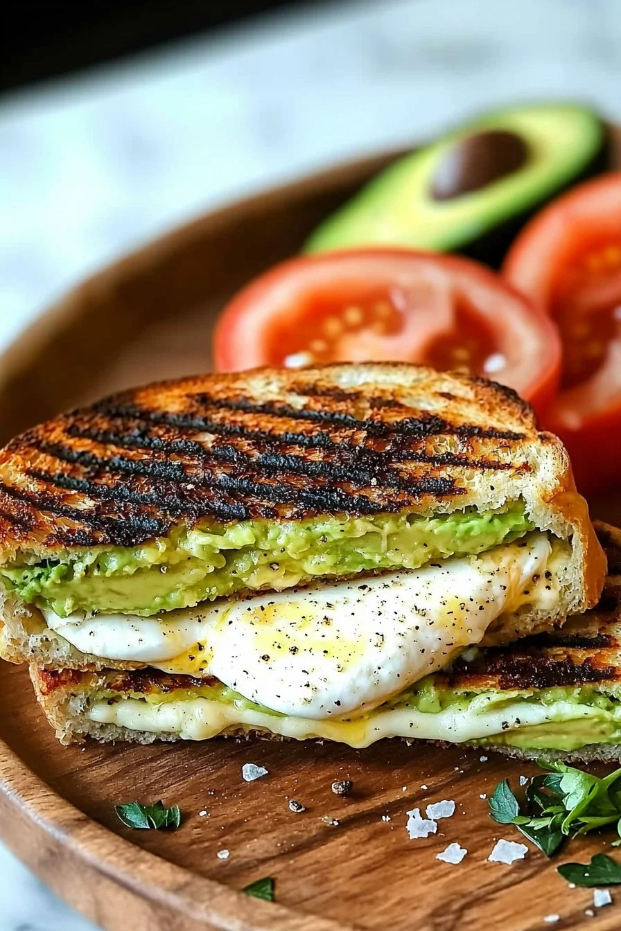 Avocado, mozzarella, and tomato grilled cheese sandwich on a plate