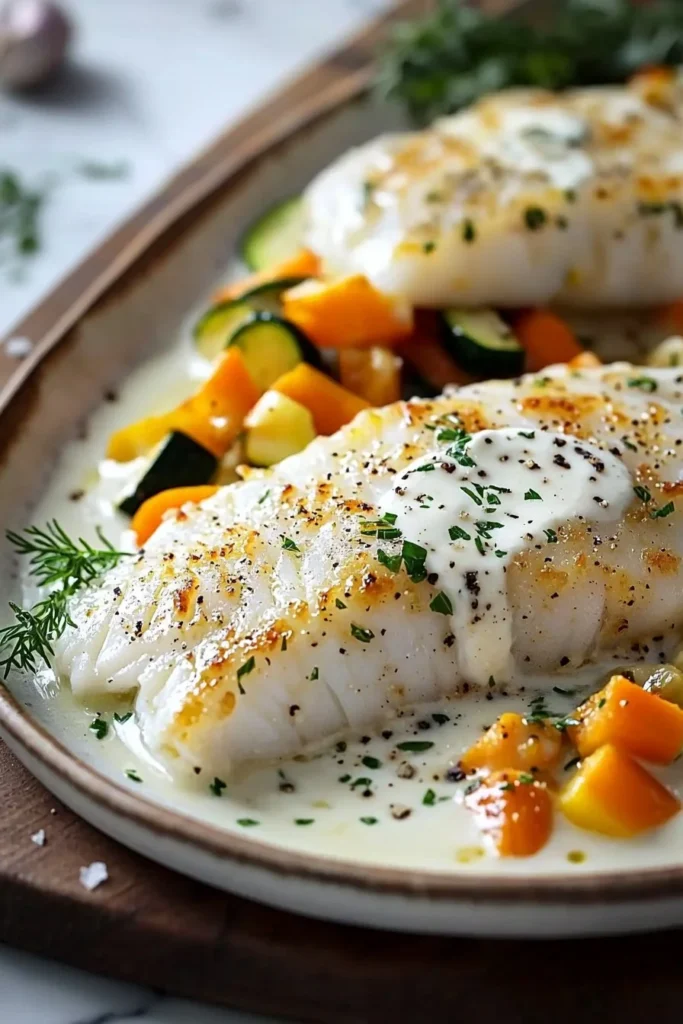 Baked cod fillets topped with cream and surrounded by colorful vegetables