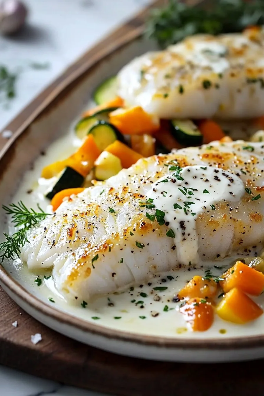 Baked Cod Fillets with Cream and Vegetables