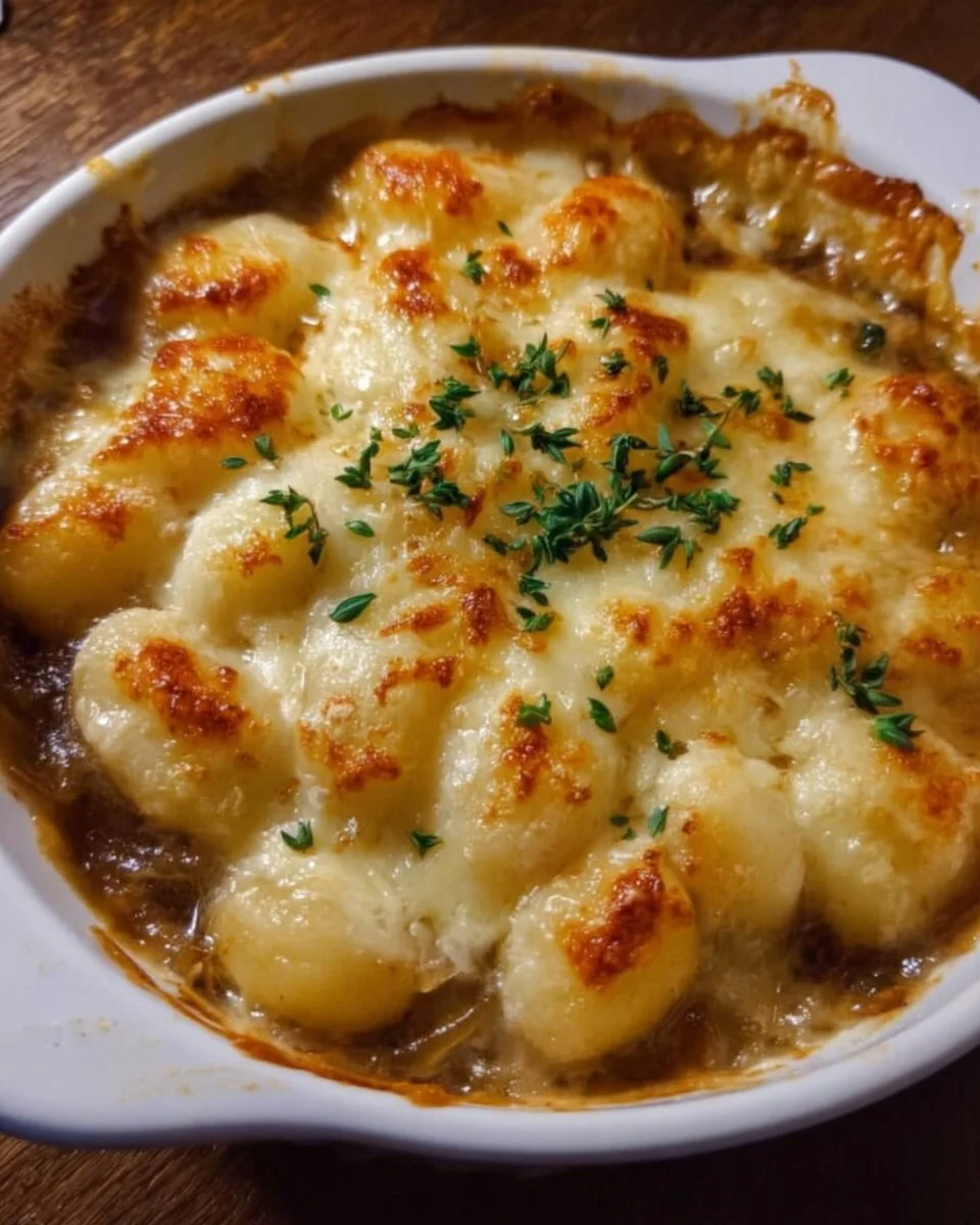 Delicious Baked French Onion Gnocchi topped with melted cheese