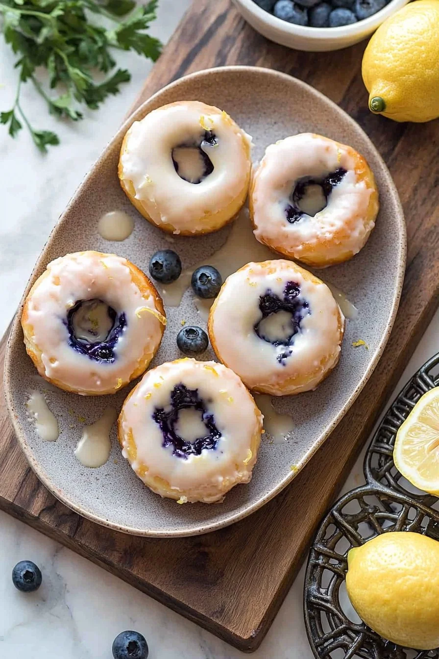 Delicious baked lemon blueberry donuts topped with lemon glaze.