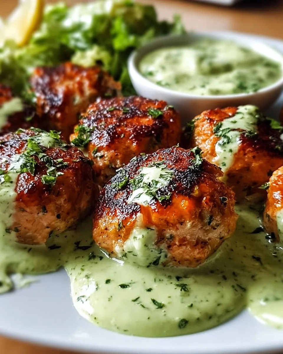 Baked salmon meatballs served with creamy avocado sauce on a plate
