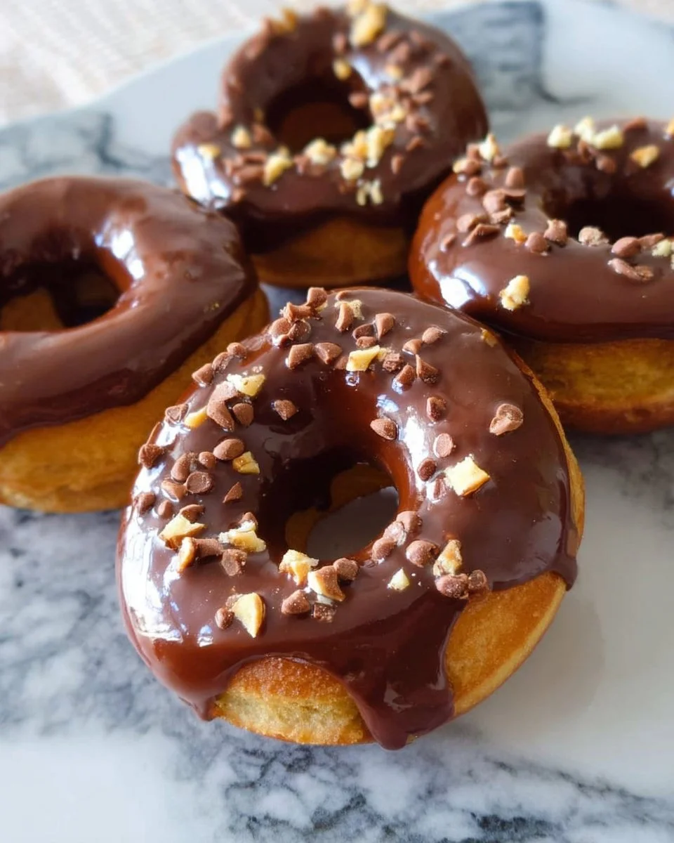 Delicious banana doughnuts topped with a rich chocolate glaze.