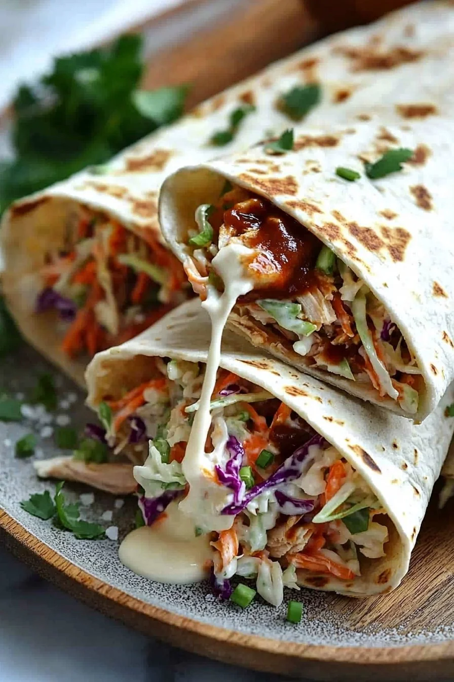BBQ Chicken Coleslaw Wraps served on a plate with fresh ingredients