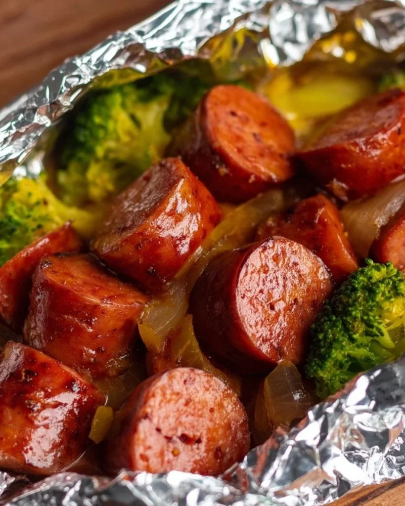 Beef sausage foil pack with vegetables ready for grilling