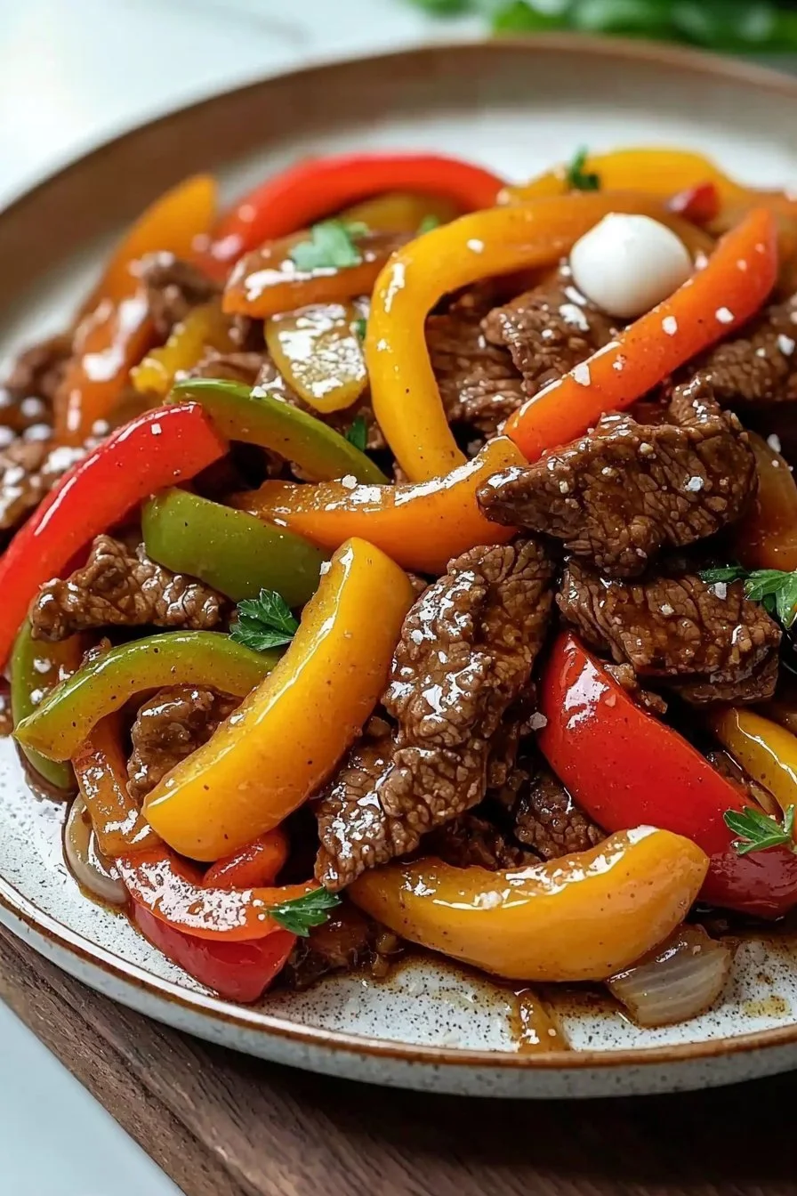 Beef Sauté with Peppers and Onions served in a skillet