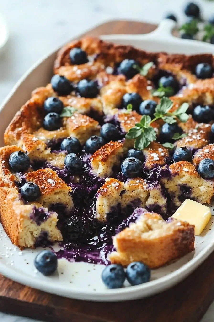 Delicious blueberry French toast casserole topped with fresh blueberries and syrup.