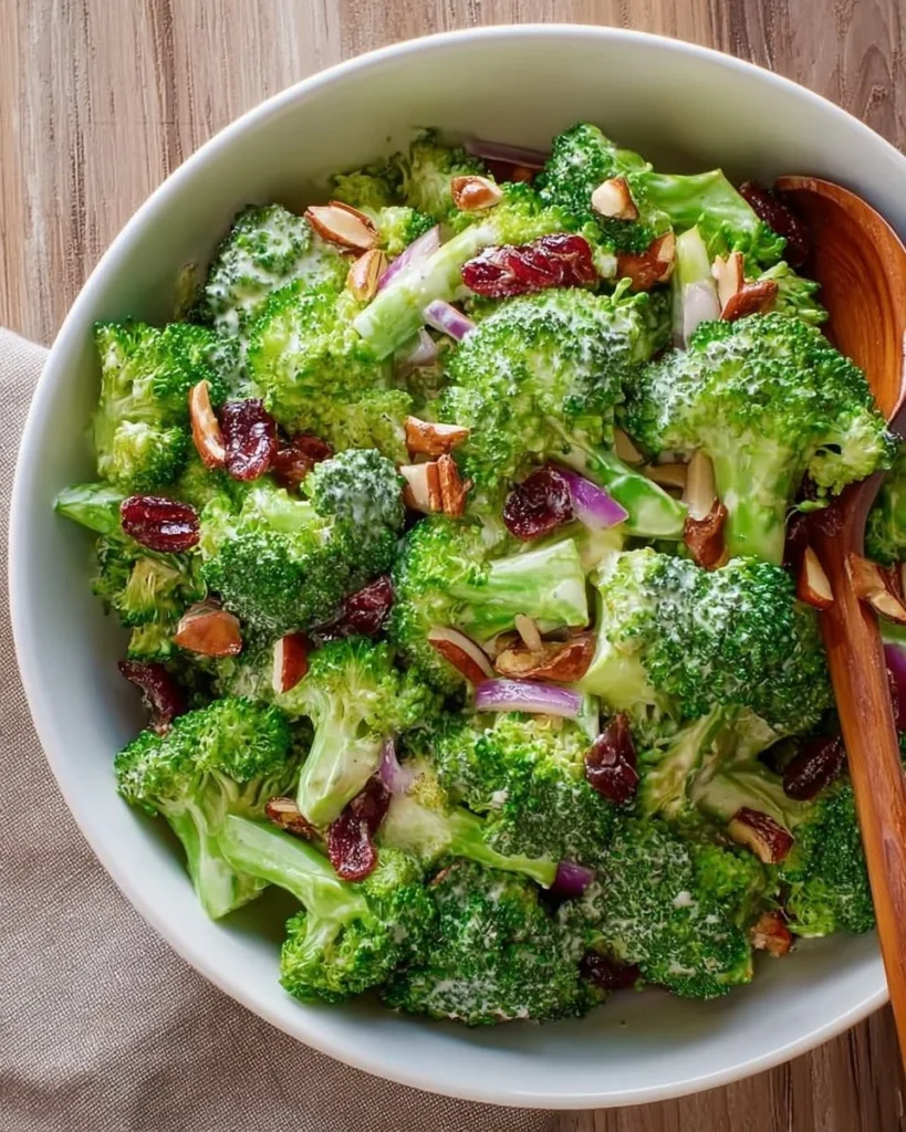 Classic broccoli salad with dressing and toppings in a bowl