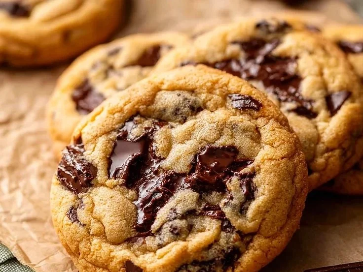 Freshly baked chocolate chip cookies on a cooling rack