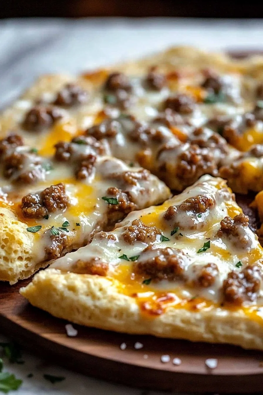 Delicious Biscuits and Beef Sausage Gravy Breakfast Pizza served warm