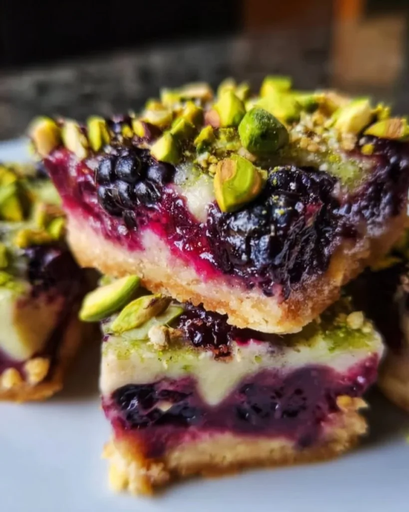 Deliciously layered Blackberry Pistachio Dream Bars on a rustic table.