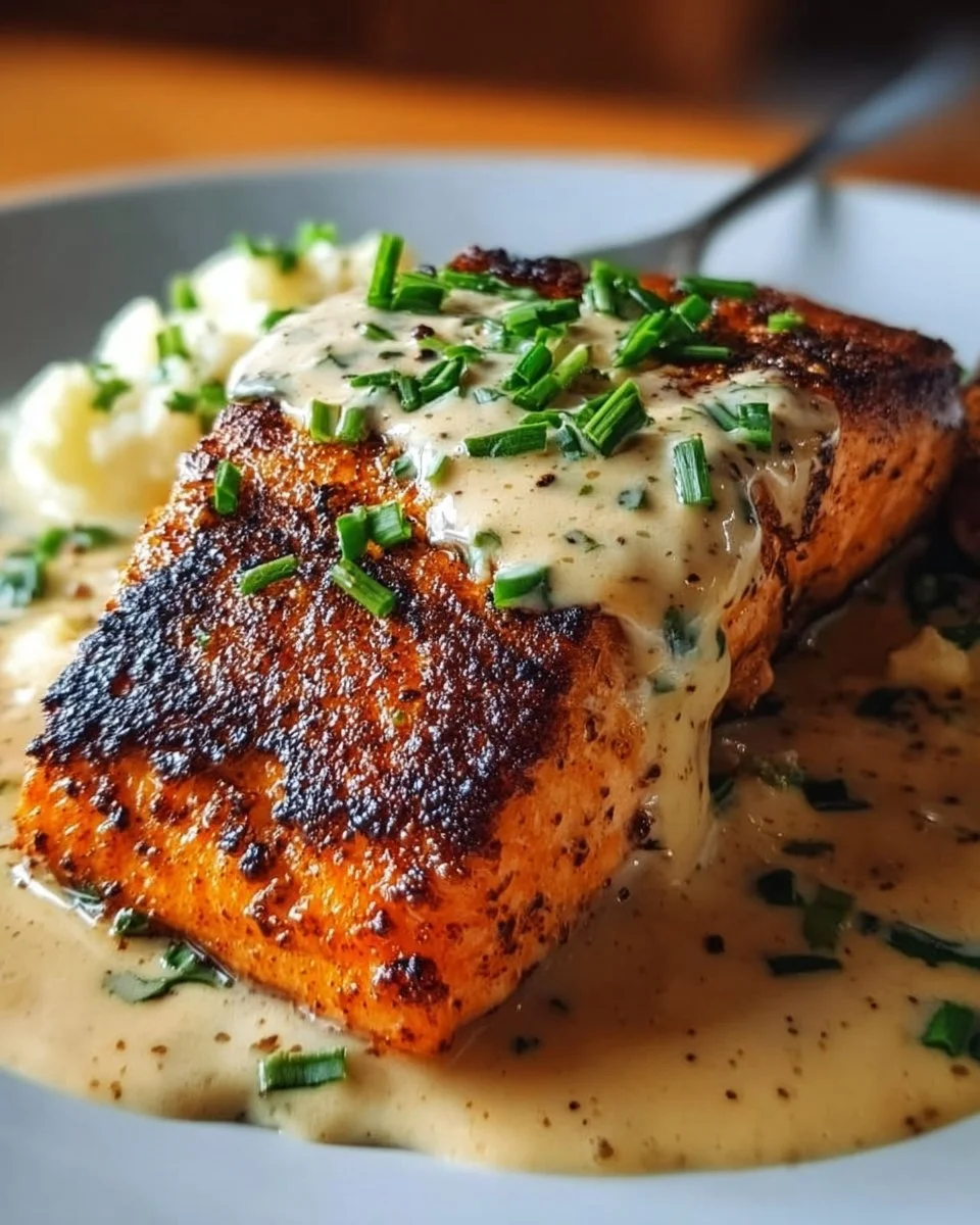 Plate of blackened salmon drizzled with creamy Dijon sauce