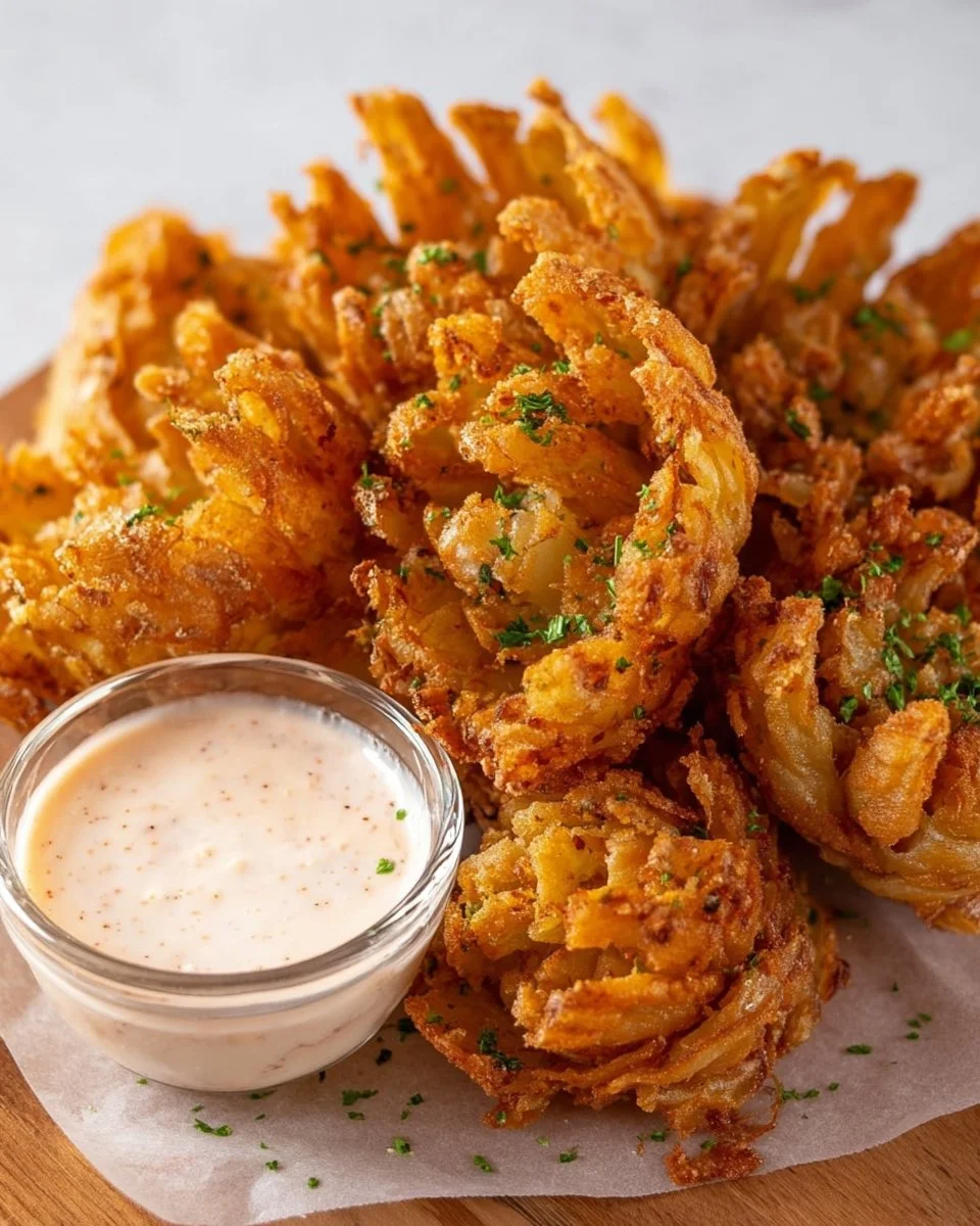 Deliciously crispy blooming onion served with dipping sauce