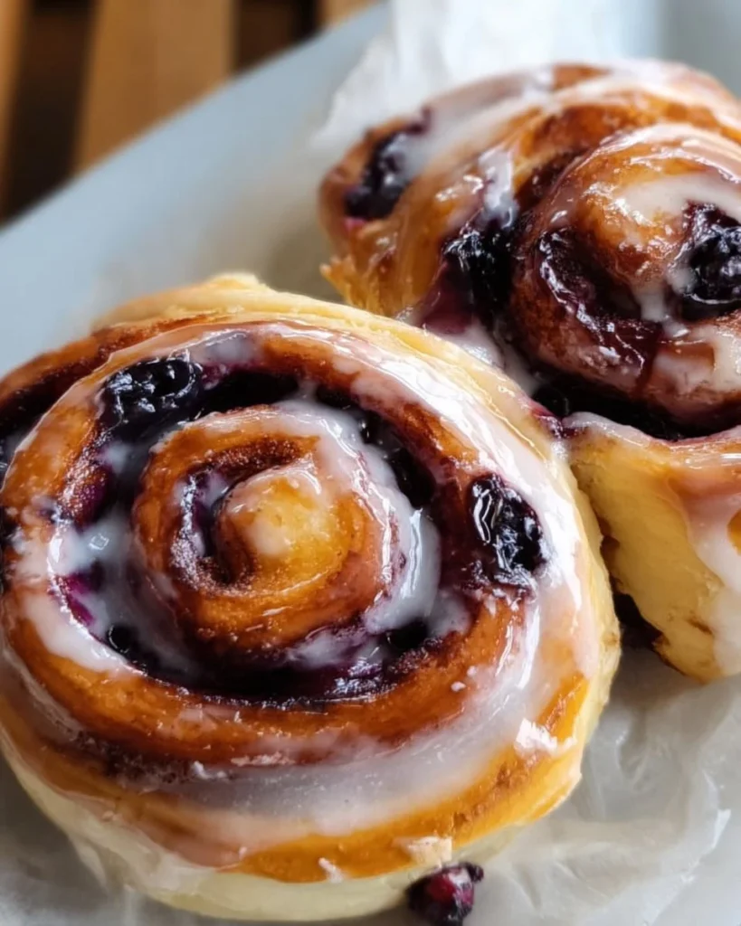 Freshly baked blueberry cinnamon rolls with glaze on top