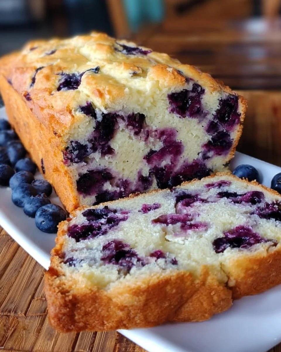 Freshly baked blueberry cream cheese bread with blueberries on a rustic table