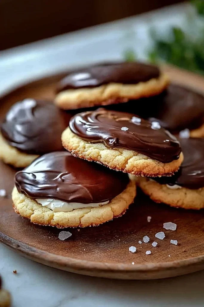 Delicious Boston Cream Pie Cookies topped with chocolate and vanilla cream filling.