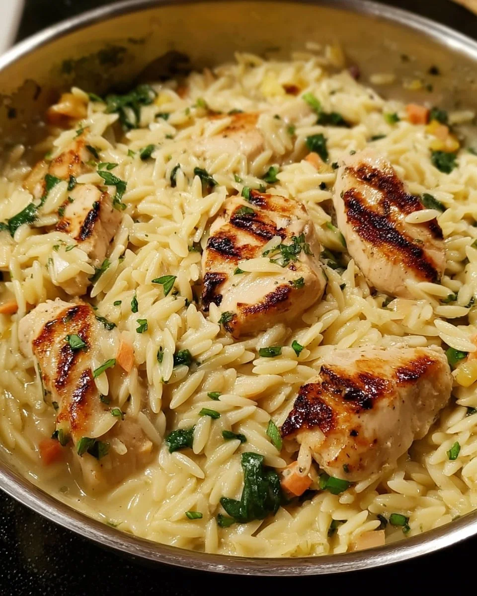 Boursin Orzo with Chicken dish, creamy pasta topped with herbs.