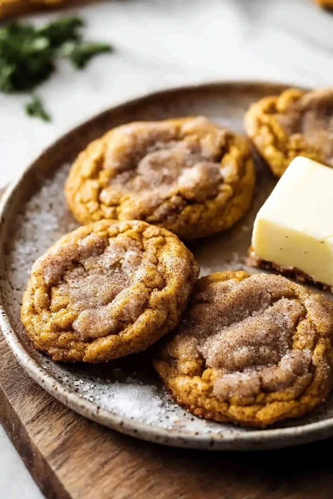 Delicious brown butter pumpkin snickerdoodle cookies on a rustic wooden table.