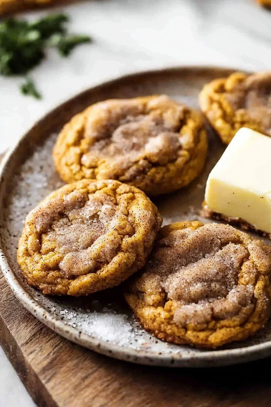 Delicious brown butter pumpkin snickerdoodle cookies on a rustic wooden table.
