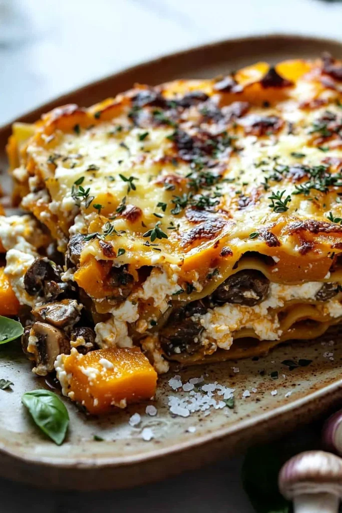 Delicious butternut squash and mushroom lasagna served with fresh basil