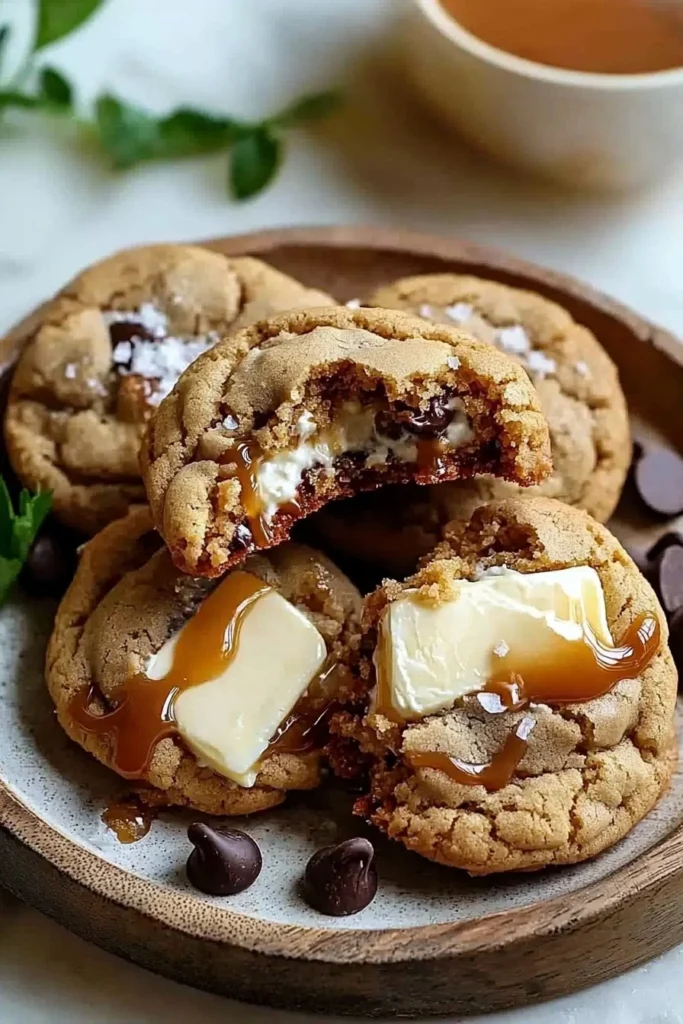 Delicious caramel cheesecake cookies with a creamy filling and caramel drizzle.